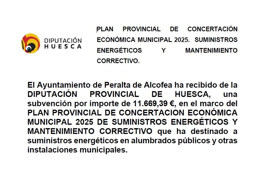 Imagen PLAN PROVINCIAL DE CONCERTACIÓN ECONÓMICA MUNICIPAL 2025. SUMINISTROS ENERGÉTICOS Y MANTENIMIENTO CORRECTIVO.