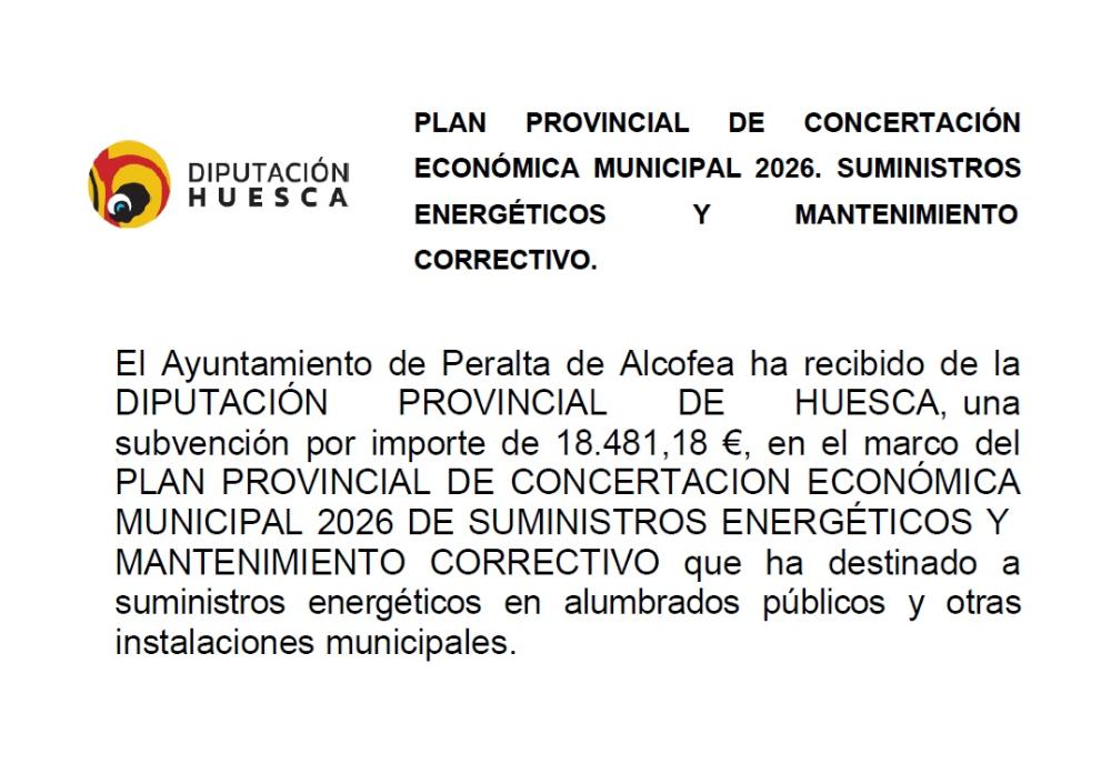 Imagen PLAN PROVINCIAL DE CONCERTACIÓN ECONÓMICA MUNICIPAL 2026. SUMINISTROS ENERGÉTICOS Y MANTENIMIENTO CORRECTIVO.