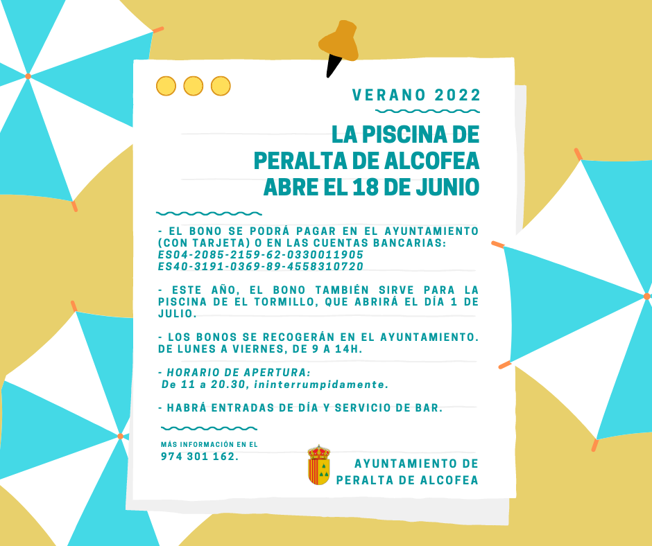 Imagen Las piscinas de Peralta de Alcofea abren el próximo sábado, 18 de junio.